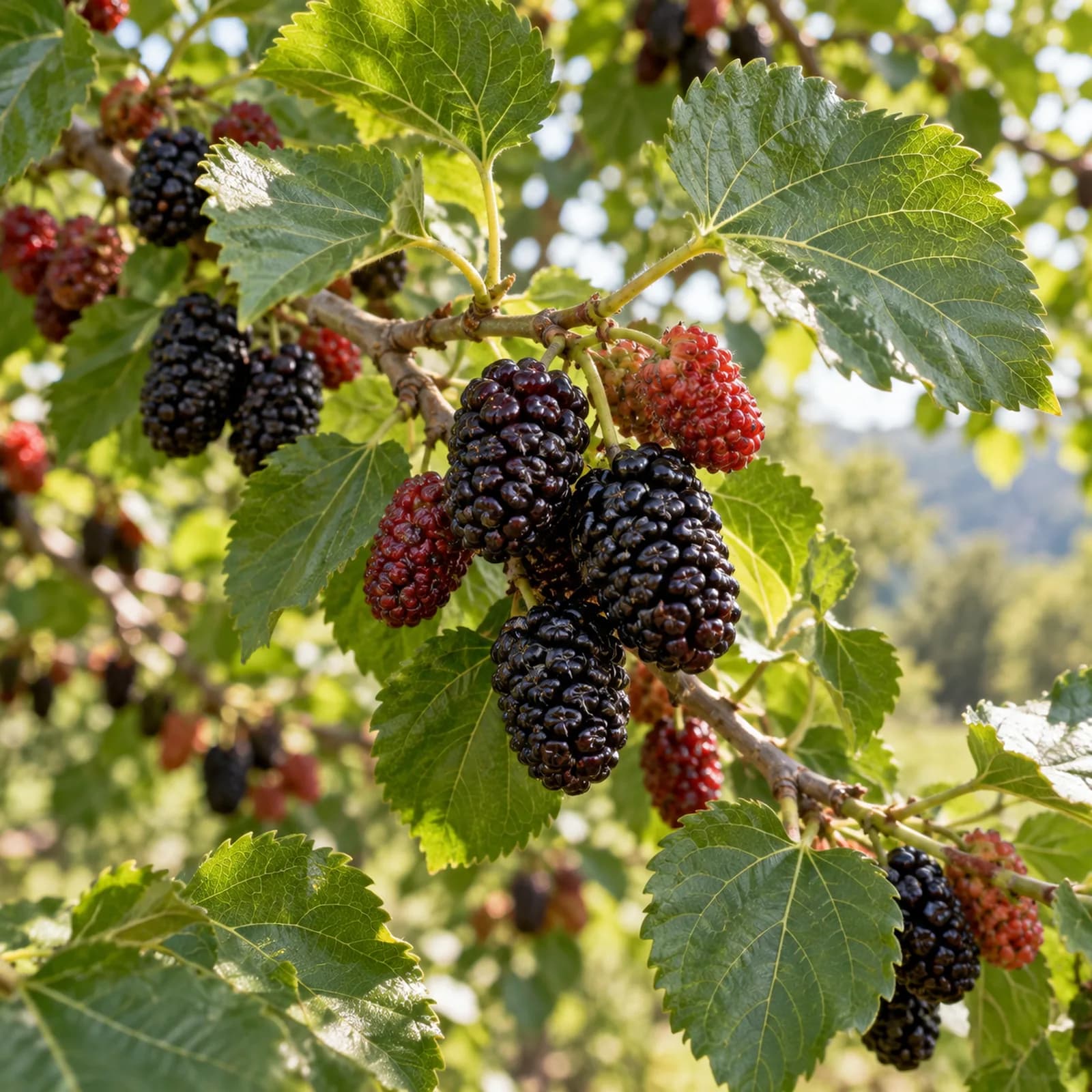 Geniş yapraklı karadut dalında koyu mor olgun meyveler ve henüz kızıl olan dutlar