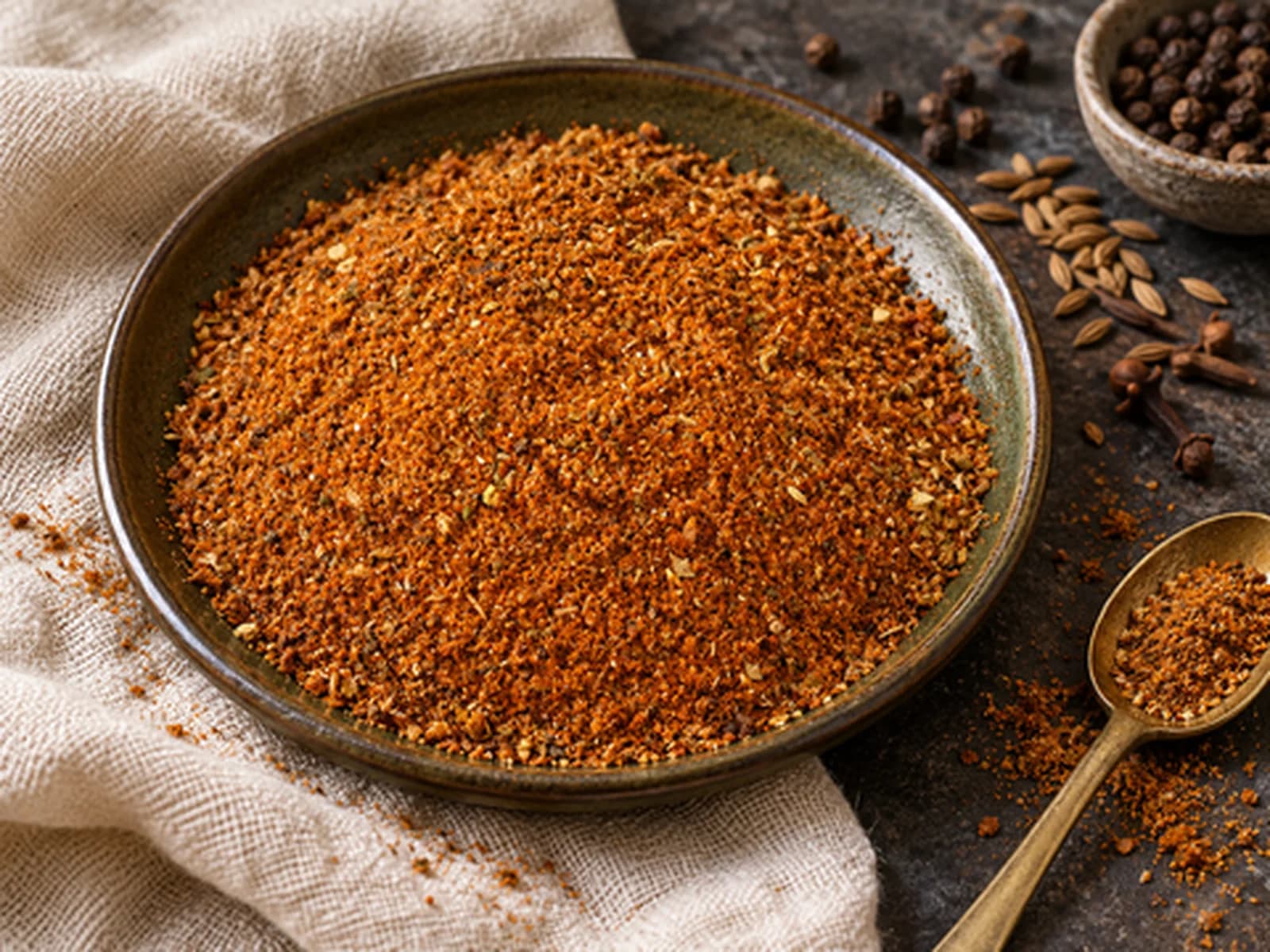 Koyu renk seramik tabakta yedi baharat karışımı ve yanında baharat dolu kaşık