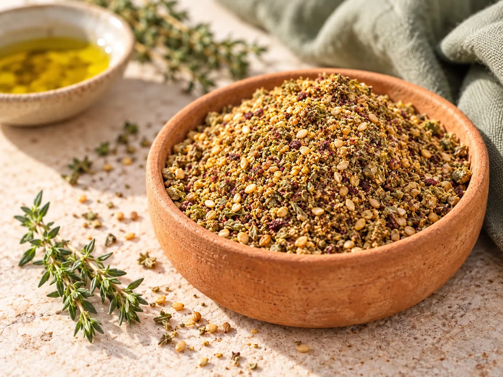 Toprak kâsede susam ve kurutulmuş otlar içeren zahter karışımı