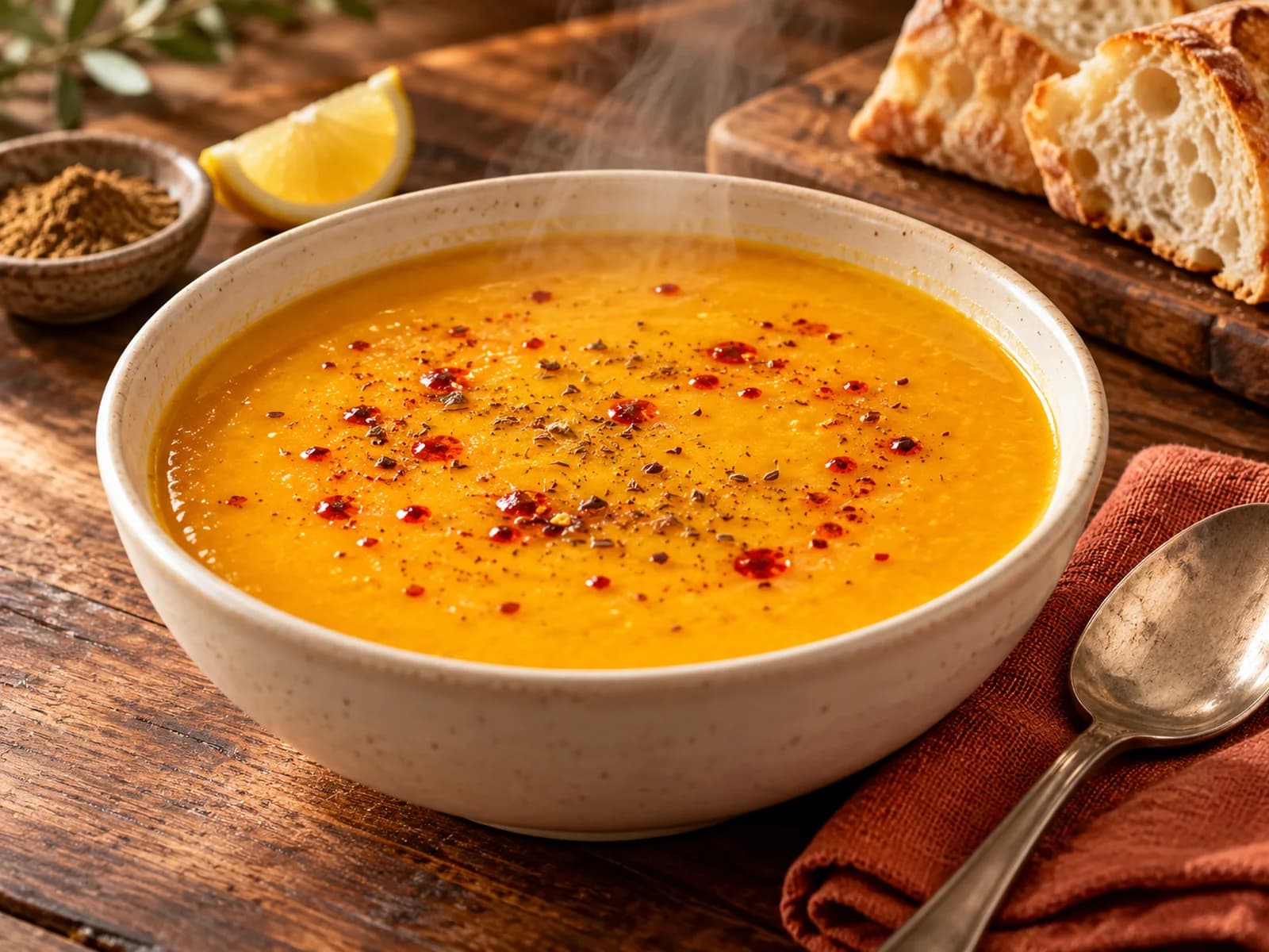 Seramik kâsede kimyonlu mercimek çorbası, yanında limon ve ekmek dilimleri