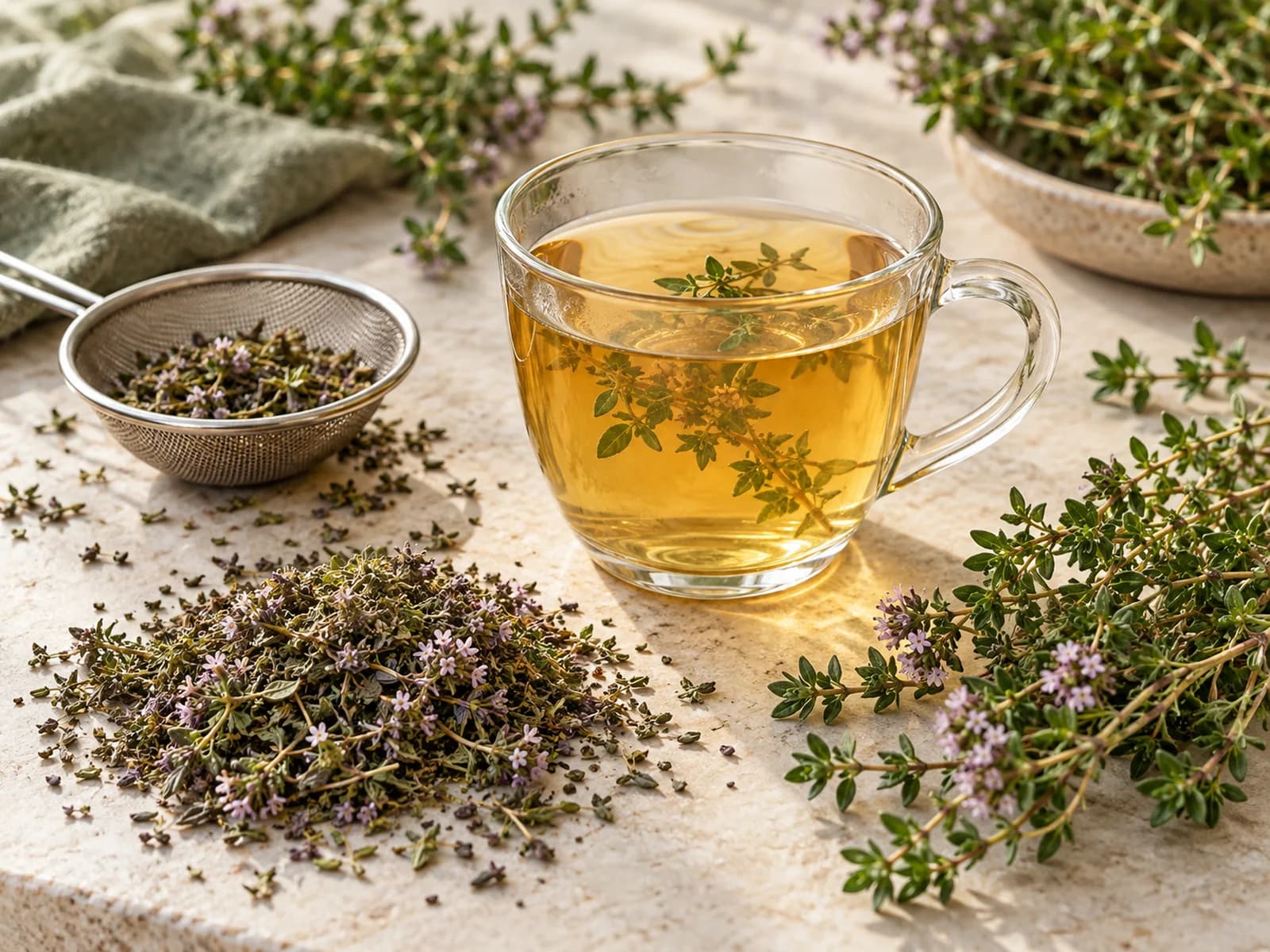 Cam fincanda kekik çayı, yanında kurutulmuş ve taze kekik dalları