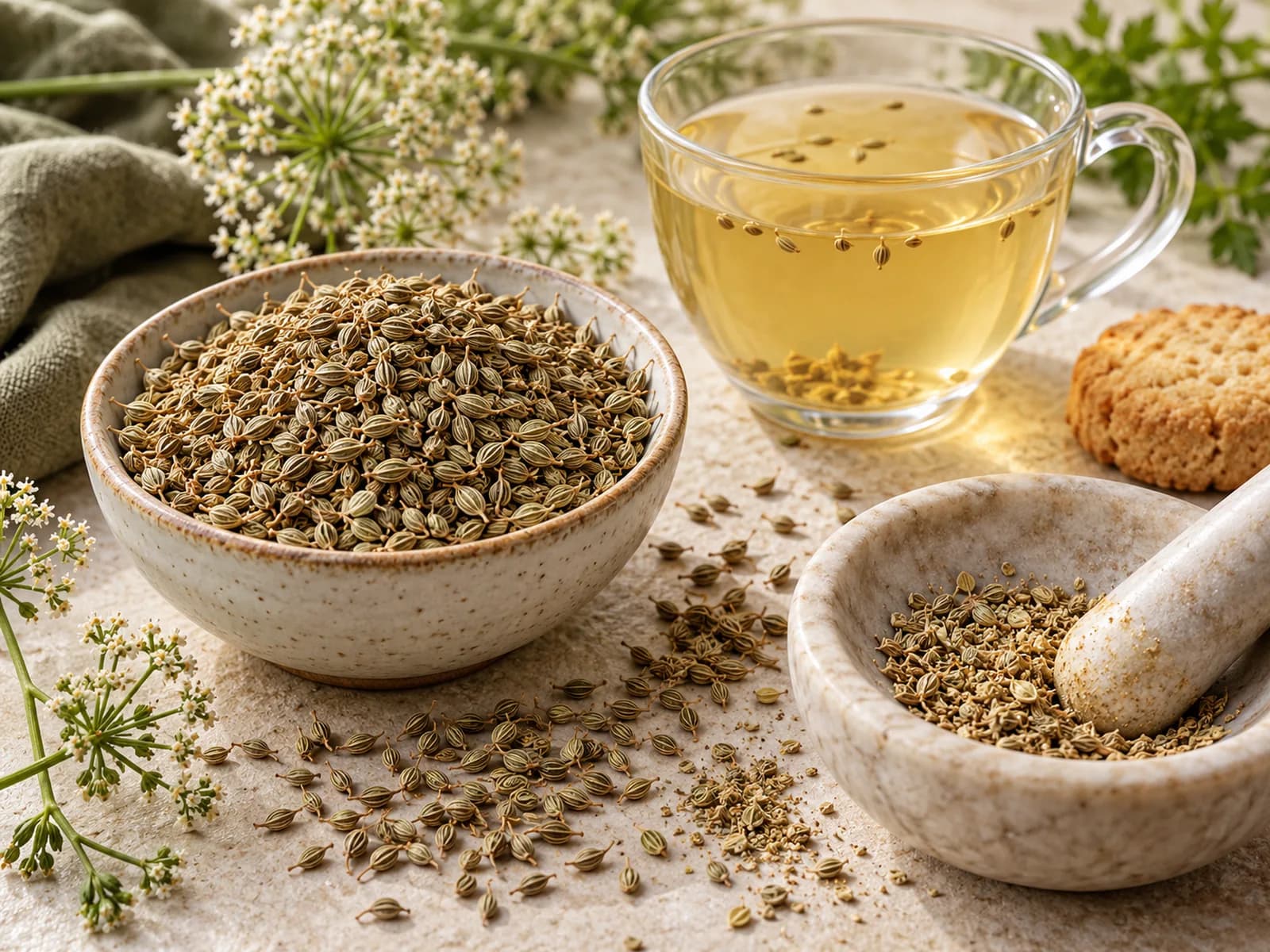 Kâsede anason meyveleri, havanda ezilmiş anason ve bir fincan anason çayı