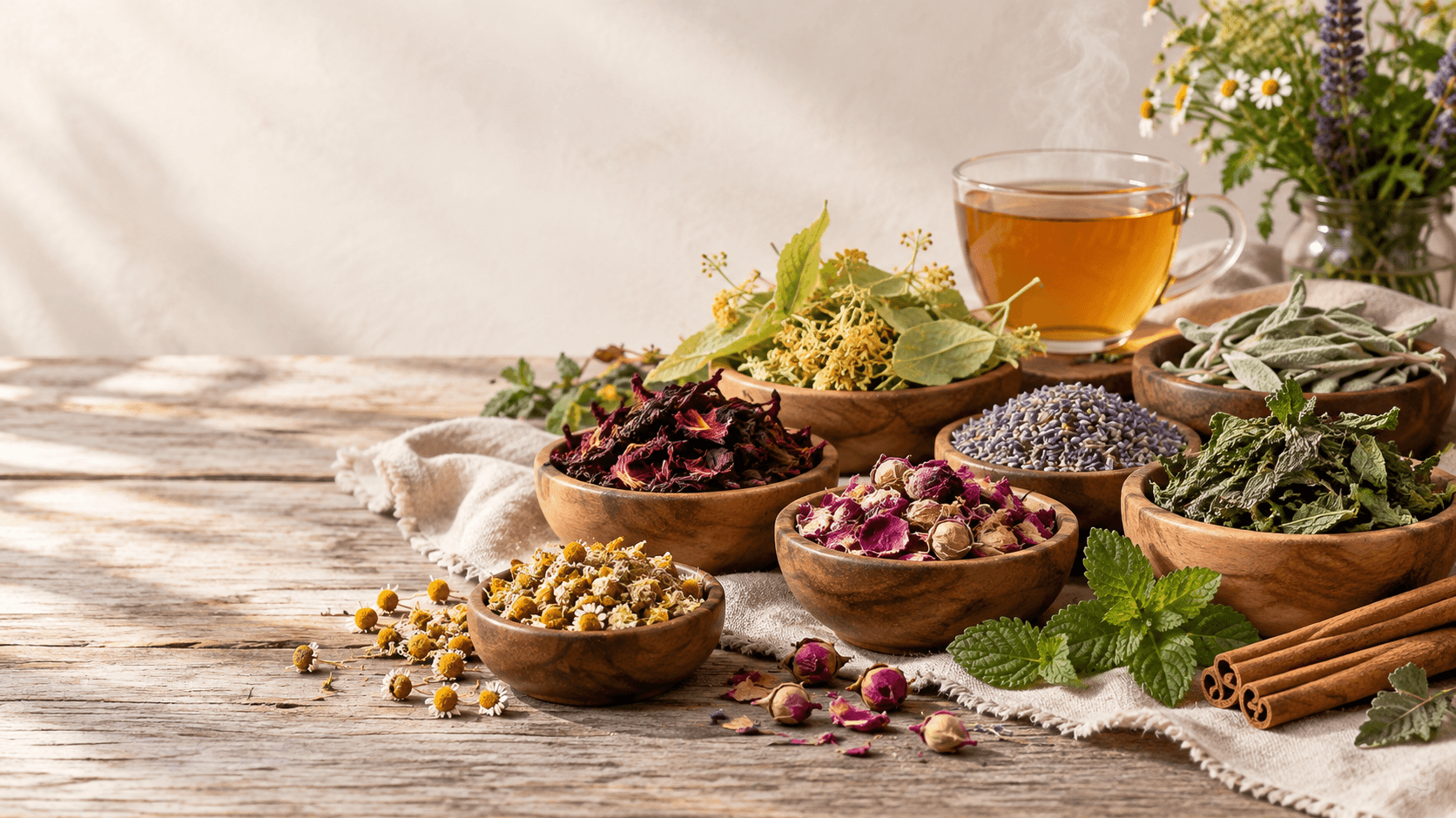 Ahşap yüzey üzerinde farklı kurutulmuş bitki çayları ve doğal bitki karışımları