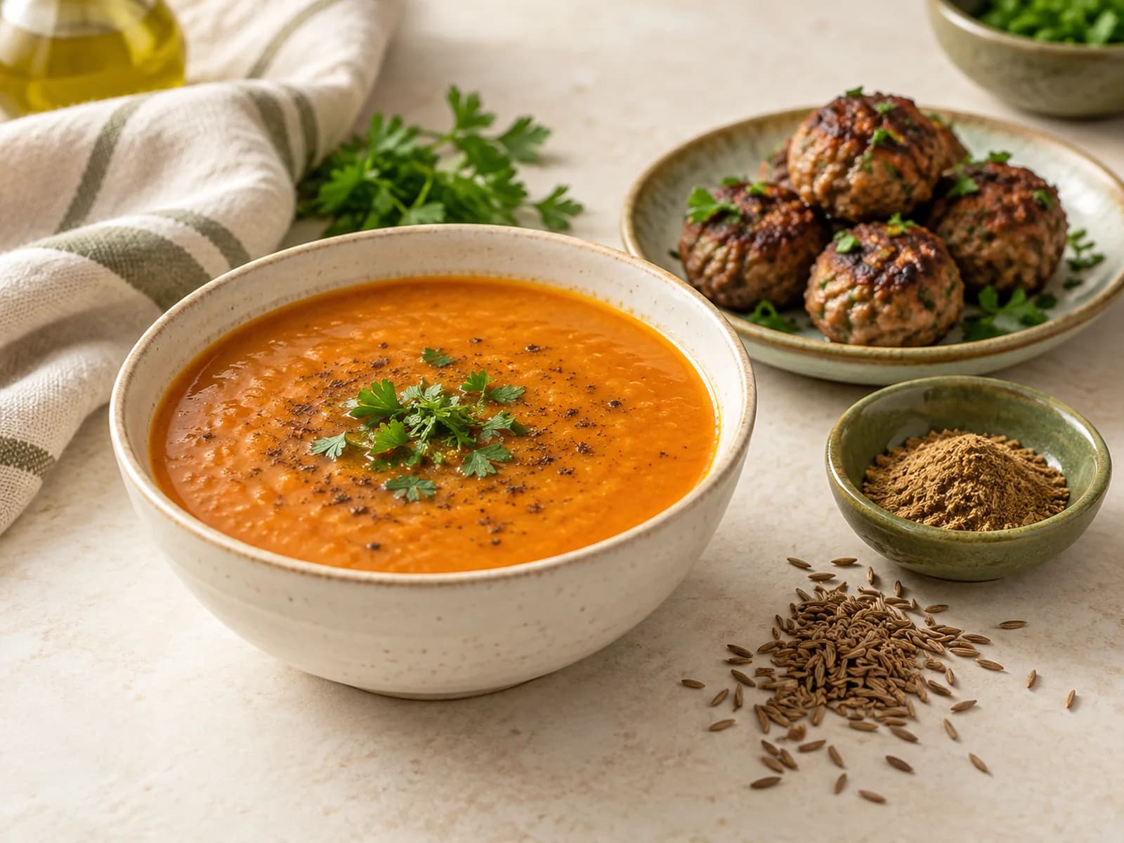 kimyon-hangi-yemeklere-konur.webpMercimek çorbası ve köftenin yanında küçük seramik kapta öğütülmüş kimyon ve kimyon tohumları
