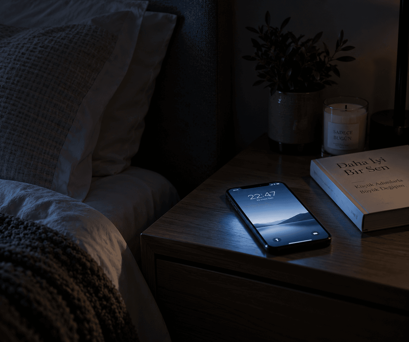 Karanlık bir odada telefon ekranının soğuk mavi ışığıyla aydınlanmış bir yüz, yanında dokunulmamış bir kitap
