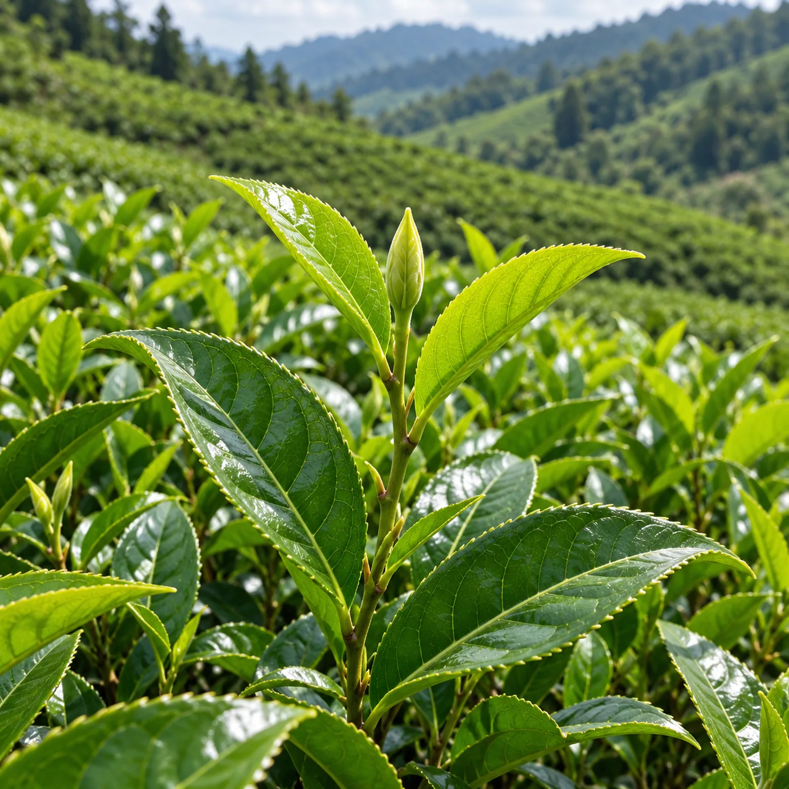 Çay bahçesinde parlak yeşil yapraklar arasında yükselen taze çay sürgünü
