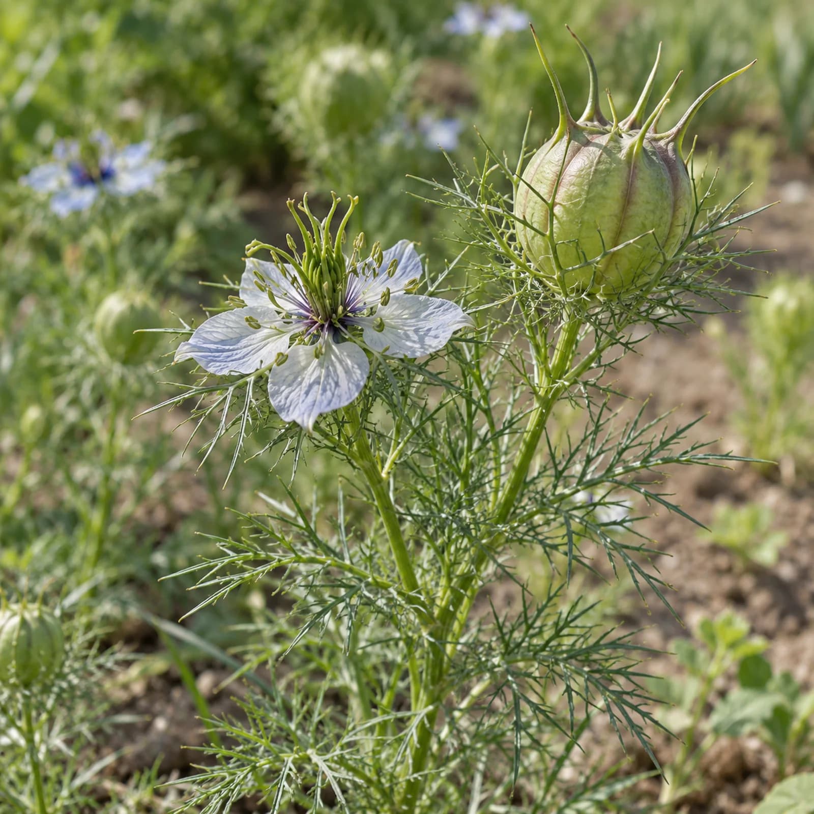 Soluk mavi çiçekli Nigella sativa bitkisi ve mat siyah köşeli tohumları