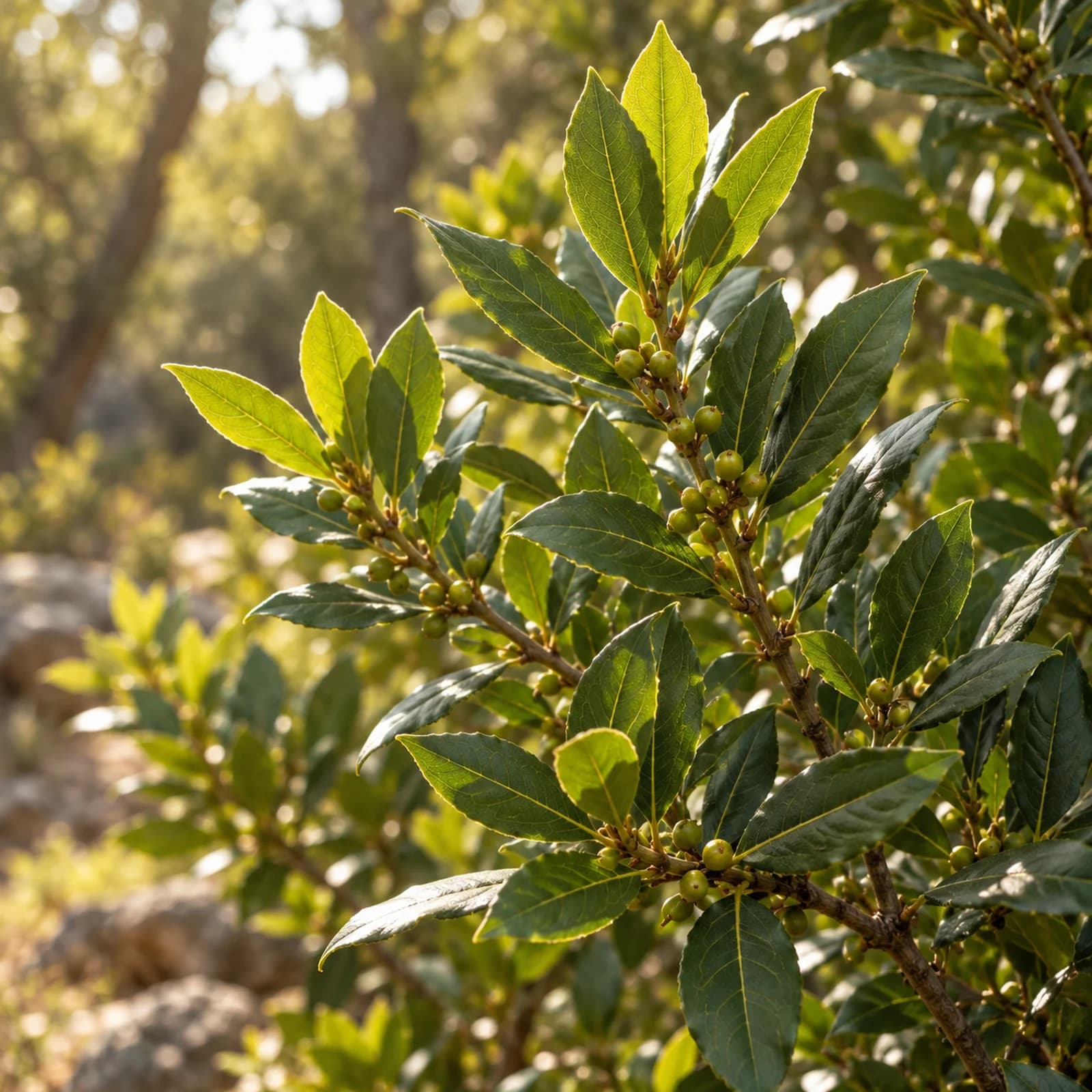 Parlak koyu yeşil Laurus nobilis yaprakları