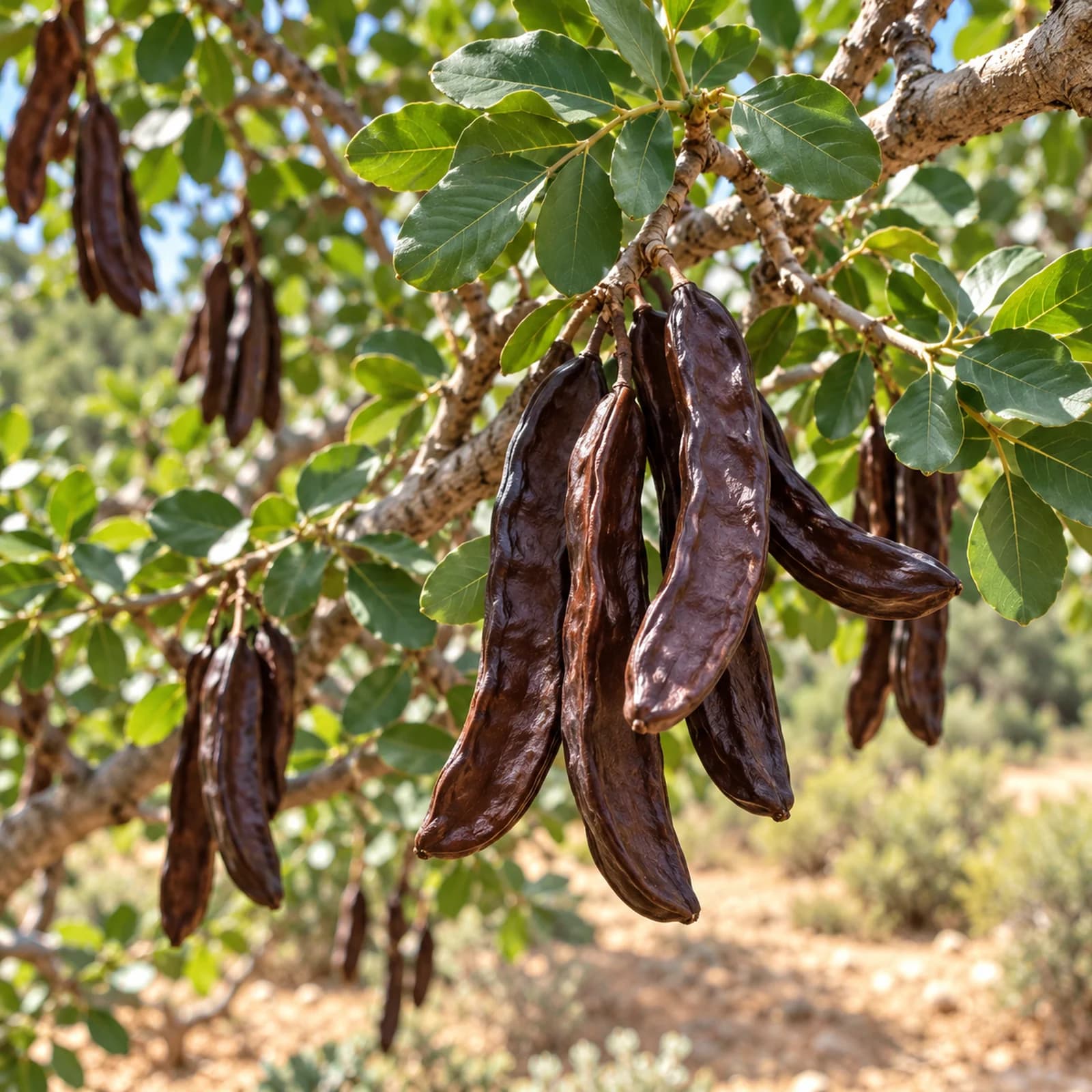 Keçiboynuzu ağacı ve koyu kahverengi meyveleri