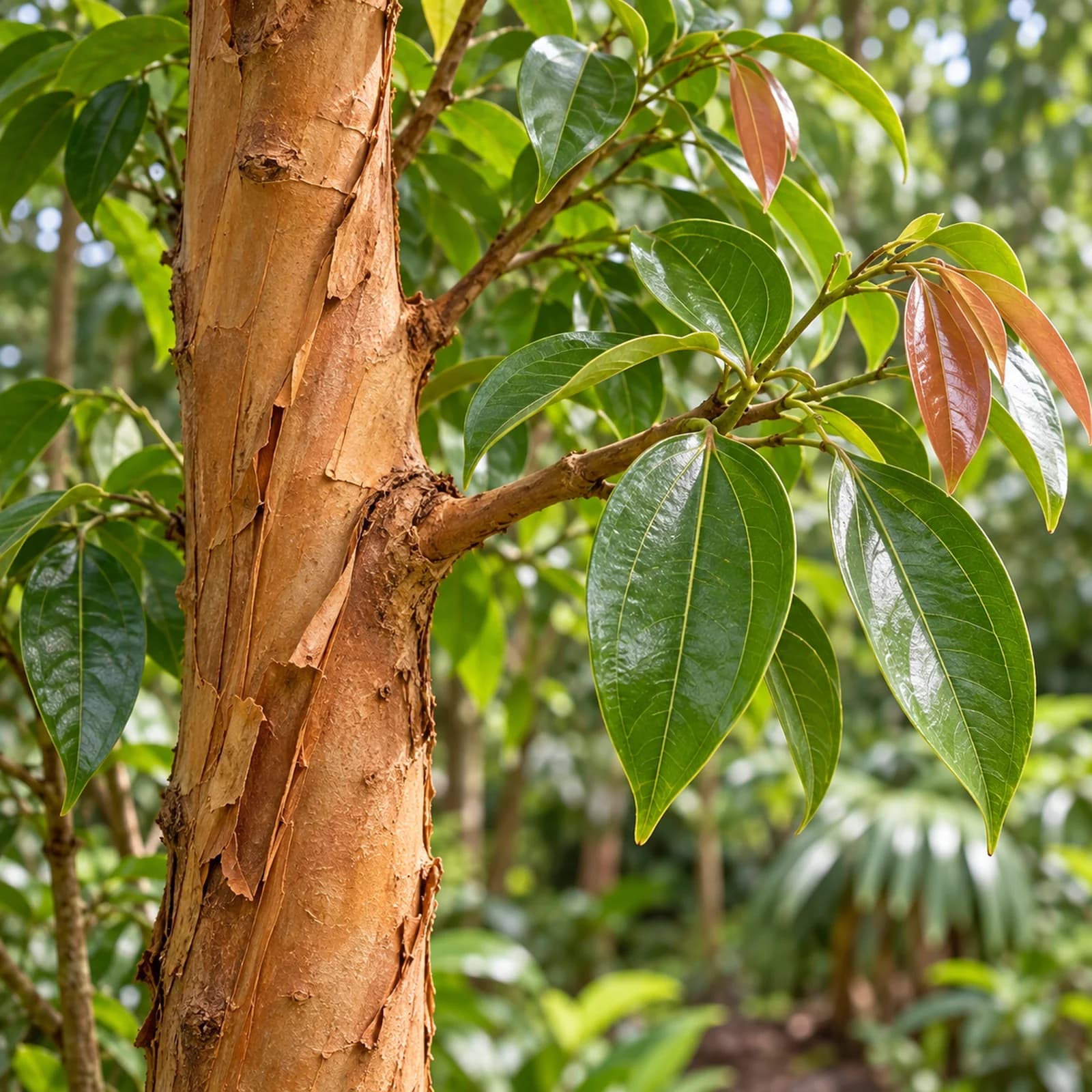 İnce çok katlı Seylan tarçını çubukları ve parlak damarlı Cinnamomum verum yaprakları