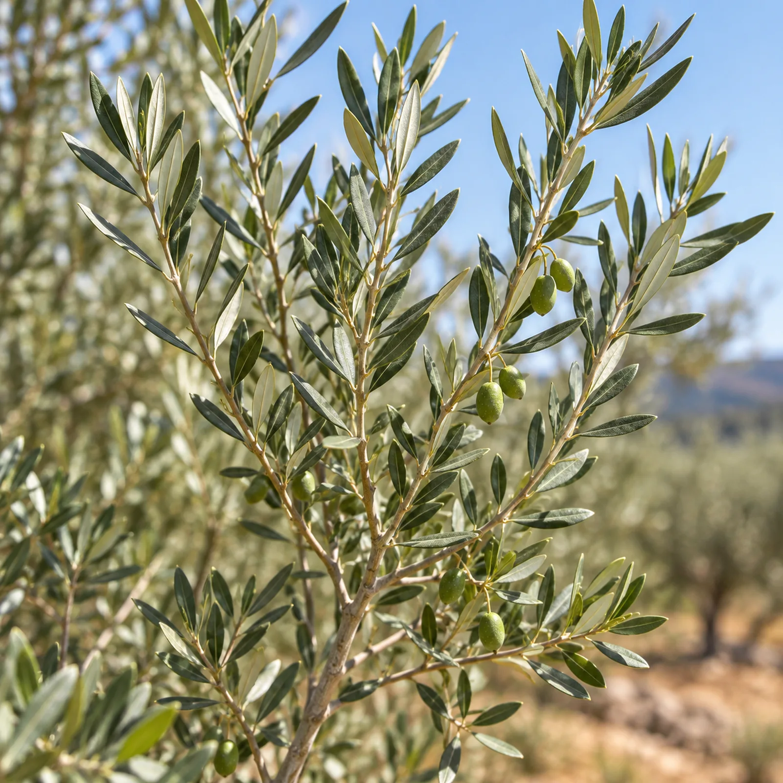 zeytin-yapragi-bitkisi-referansli-1600.webpZeytin ağacının dar yeşil yaprakları, gümüş renkli yaprak altları ve yeşil zeytinler