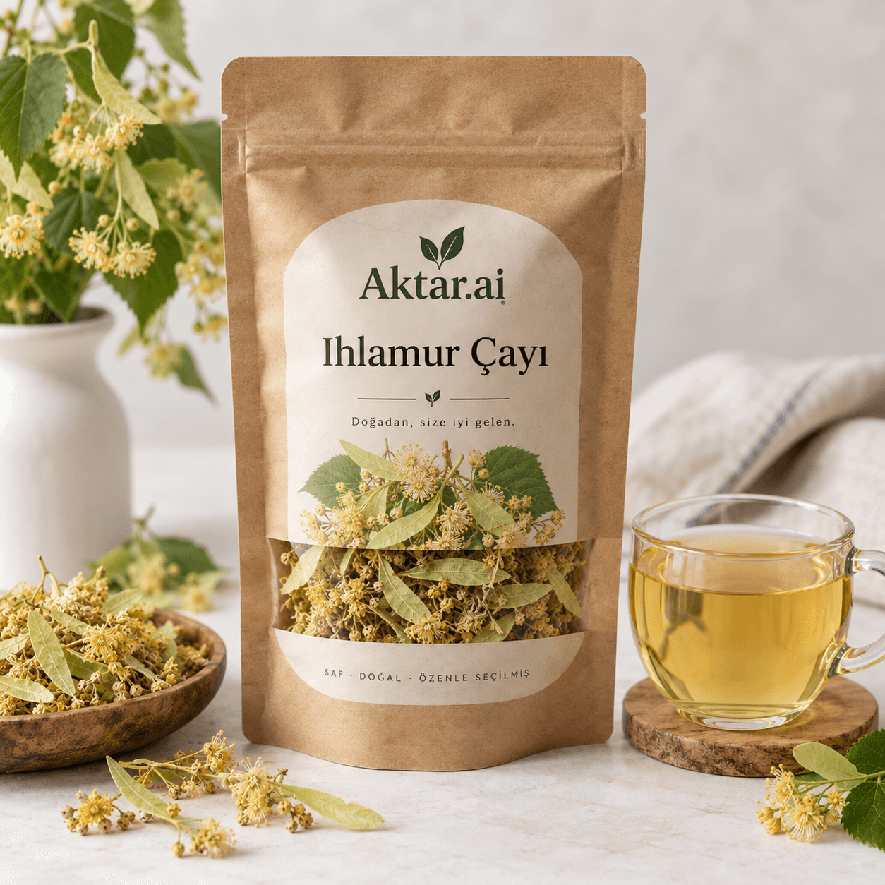 Aktar.ai Kurutulmuş Ihlamur Çiçeği 50 g ambalajı ve bir fincan ıhlamur çayı